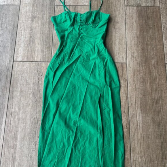 Zara green linen milkmaid style midi dress with split leg and tie back - M - Picture 1 of 6